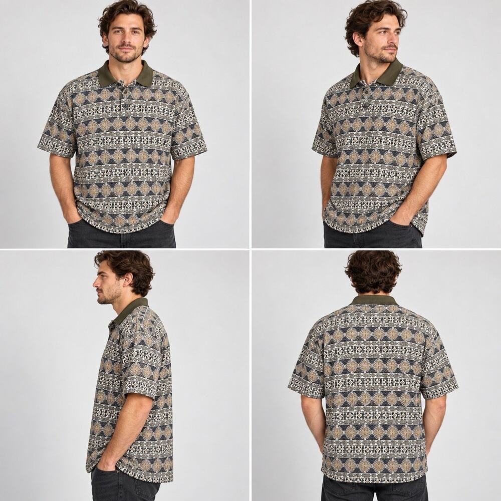Bugle Boy Geometric Stripe Polo Shirt Olive Tan Black Short Sleeve XXL